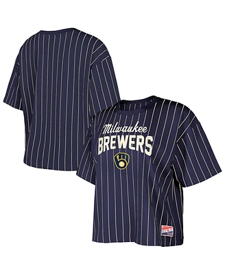 New Era Women's Navy Milwaukee Brewers Cooperstown Collection Multiplier Pinstripe Cropped T-Shirt