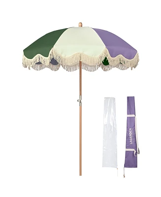 LAGarden Palm Springs 6Ft Patio Fringe Umbrella with Tassel Carry Bag Outdoor Vintage Wood Garden Parasol Purple Green