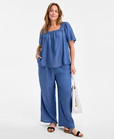 Style & Co Plus Smocked-Square-Neck Short-Sleeve Cotton Top, Exclusively at Macy's
