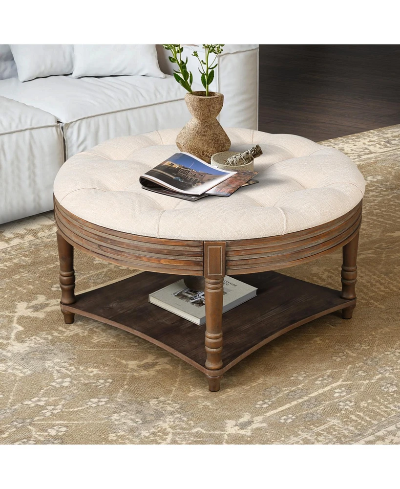 2-Tier Round Waterproof Ottoman Coffee Table with Storage