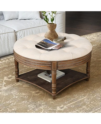 2-Tier Round Waterproof Ottoman Coffee Table with Storage