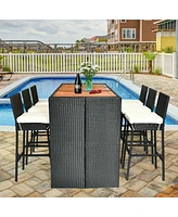 7 Pcs Patio Rattan Wicker Bar Dining Furniture Set wood Table Top 6 Stools