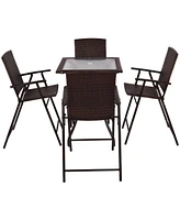 5PC Rattan Patio Furniture Set 4 Bar Stool Folding Chair and Bar Table W/Glass Top