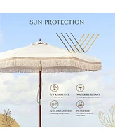 LAGarden Boho 9' Fringe Patio Umbrella with Tassels UPF50+ Boho Style 5-Year-Non-Fading for Outdoor Yard Market Ivony Xchevron