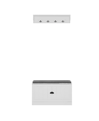 Shoe bench with two lockers, white wooden shoe rack with coat rack, Entryway Bench
