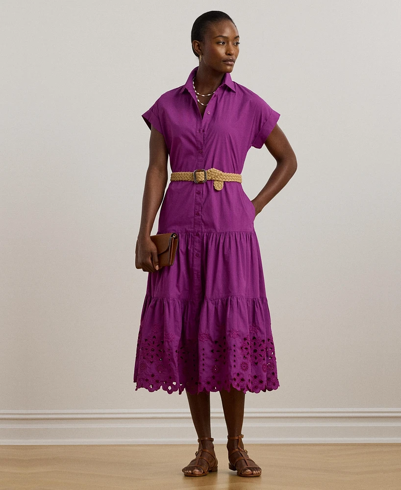 Lauren Ralph Women's Eyelet Broadcloth Tiered Shirtdress