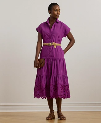 Lauren Ralph Women's Eyelet Broadcloth Tiered Shirtdress