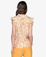 Karl Lagerfeld Paris Women's Printed Split-Neck Flutter-Sleeve Blouse