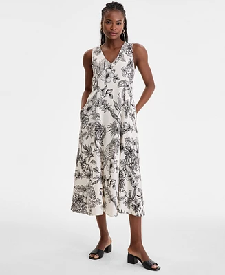 London Times Women's Godet Floral-Print V-Neck A-Line Dress