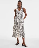 London Times Women's Godet Floral-Print V-Neck A-Line Dress