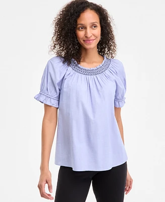 Style & Co Women's Cotton Contrast-Stitch Puff-Sleeve Top, Exclusively at Macy's