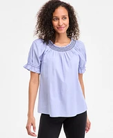 Style & Co Women's Cotton Contrast-Stitch Puff-Sleeve Top, Exclusively at Macy's