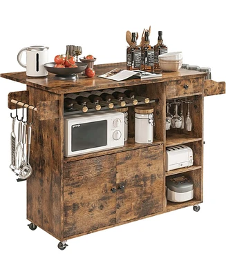Rolling Kitchen Island Cart with Drop-Leaf and Wine Rack