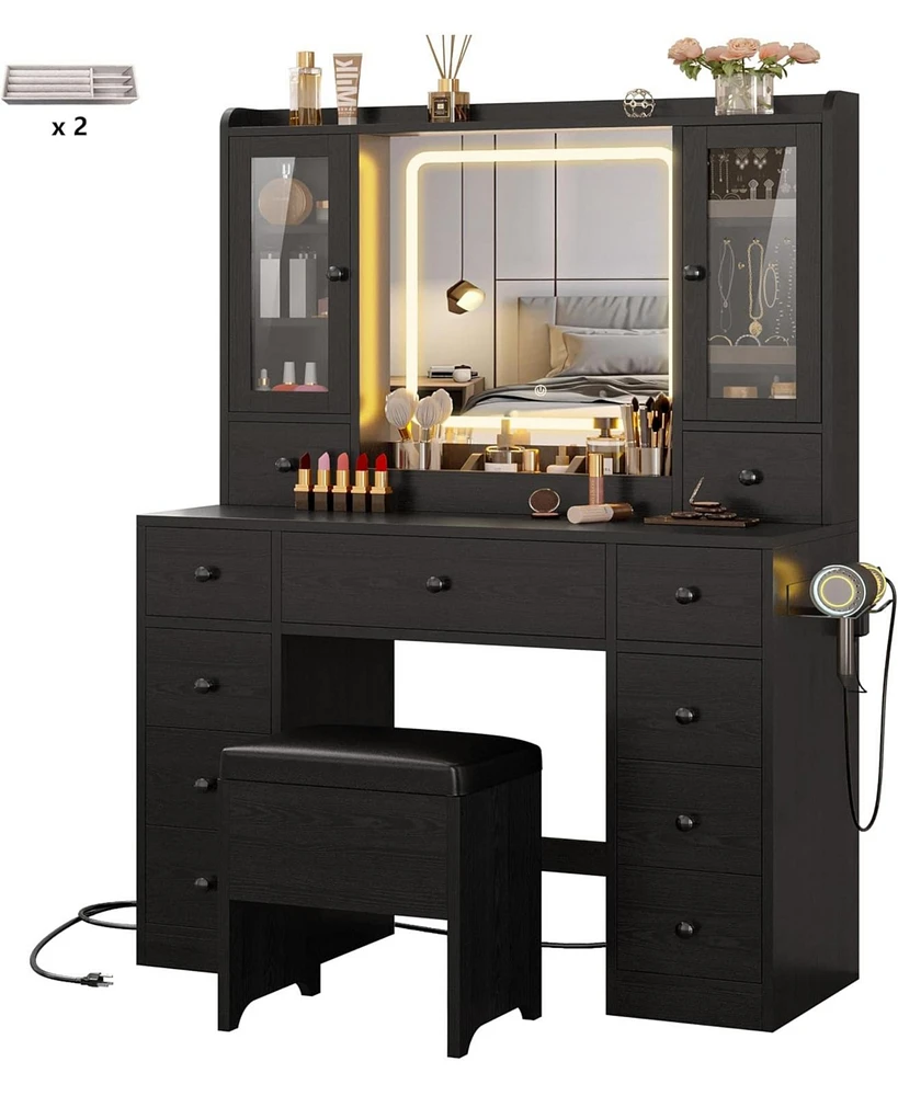 Vanity Desk with Led Lights Mirror and Charging Station, Makeup Vanity
