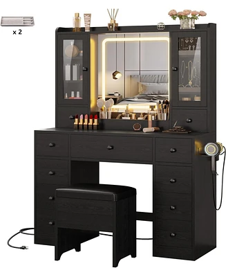 Vanity Desk with Led Lights Mirror and Charging Station, Makeup Vanity