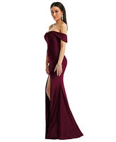 Cynthia & Sahar Women's Off-the-Shoulder Corset Stretch Satin Mermaid Dress with Slight Train