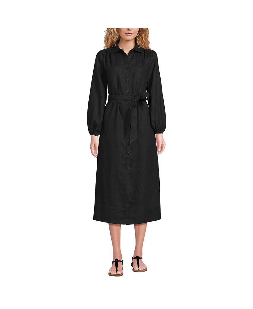 Lands' End Women's Linen Long Sleeve Midi Shirt Dress
