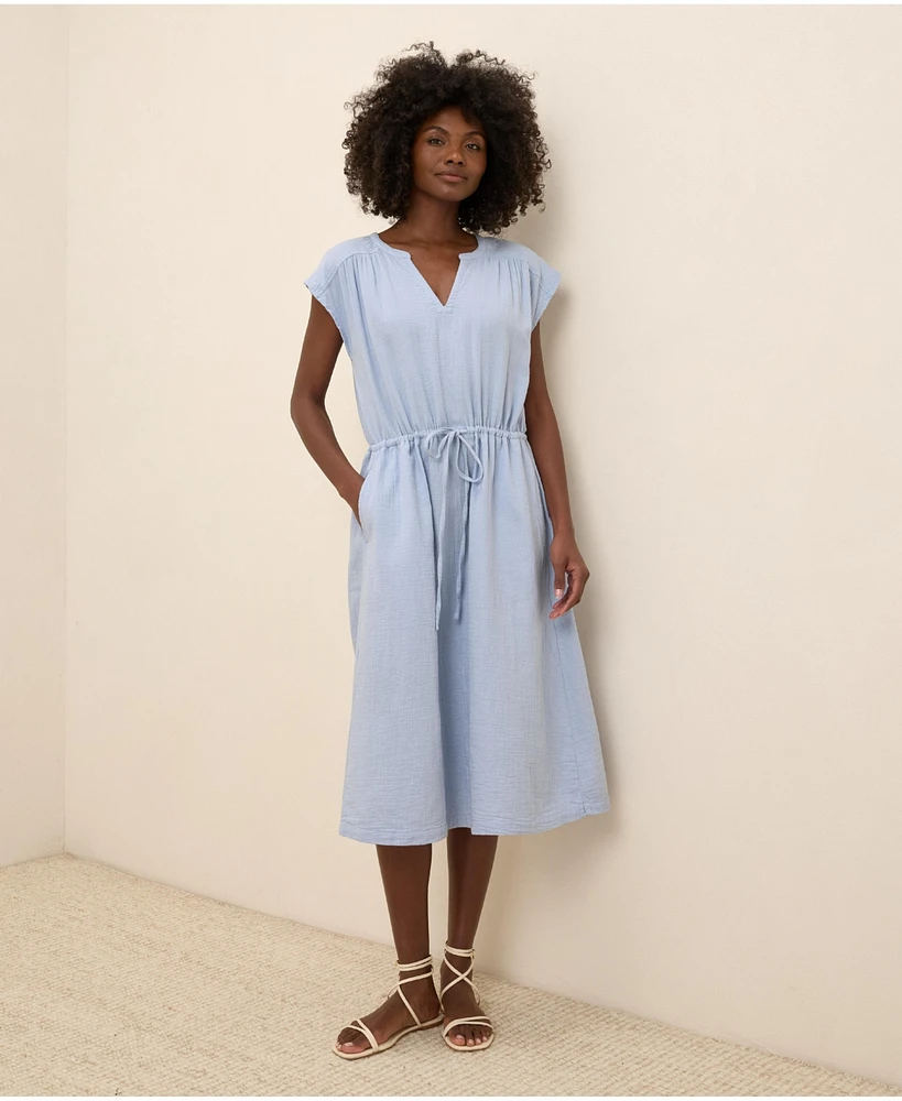 Pact Women's Organic Cotton Coastal Double Gauze Tie Waist Midi Dress