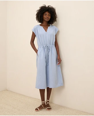 Pact Women's Organic Cotton Coastal Double Gauze Tie Waist Midi Dress