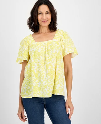 Style & Co Petite Cotton Paisley Bloom Square-Neck Top, Exclusively at Macy's