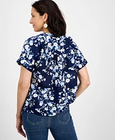 Style & Co Women's Cotton Floral Pintuck Top, Exclusively at Macy's