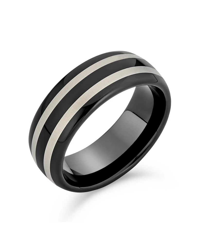 Bling Jewelry Simple Dome Black Silver Two Tone Center Stripe Couples Titanium Eternity Band Ring Comfort Fit 8MM