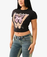 True Religion Women's Short Sleeve Crystal Butterfly Baby T-Shirt