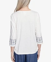 Alfred Dunner Women's Summer Solstice Linear Embroidered Tie Sleeve Top