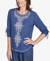 Alfred Dunner Women's Summer Solstice Embroidery Centered Tie Sleeve Top