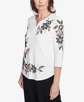 Alfred Dunner Women's Natural Instinct Earthy Floral Embroidered Textured Keyhole Neck Top