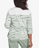 Alfred Dunner Women's Santa Fe Tie Dye Stripe Embroidered Crew Neck Top