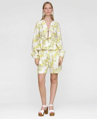 Avec Les Filles Womens Printed Pleat Front Belted Shorts Balloon Sleeve Blouse