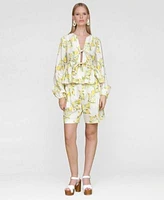 Avec Les Filles Womens Printed Pleat Front Belted Shorts Balloon Sleeve Blouse