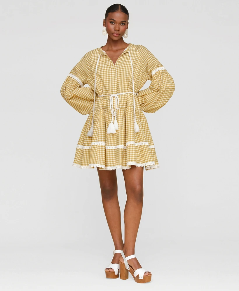 Avec Les Filles Women's Cotton Lemon-Print Split-Neck Prairie Mini Dress