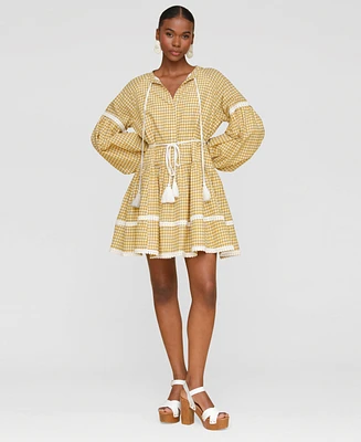 Avec Les Filles Women's Cotton Lemon-Print Split-Neck Prairie Mini Dress