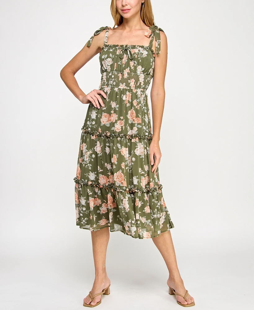 Trixxi Juniors' Tie-Shoulder Floral-Print Midi Dress