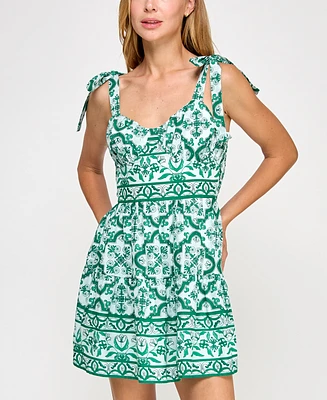 Trixxi Juniors' Printed Tie-Shoulder Cotton Mini Dress