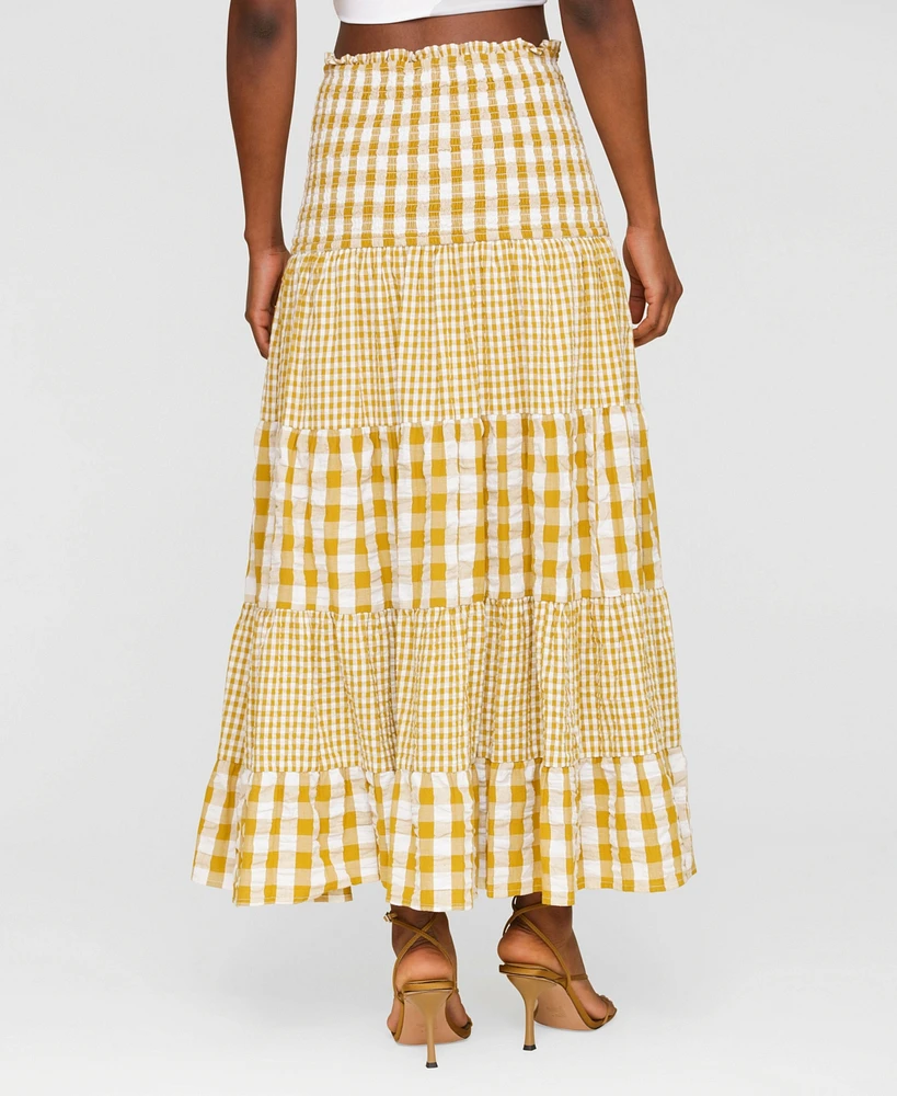 Avec Les Filles Women's Cotton Check Tiered Smocked-Waist Maxi Skirt
