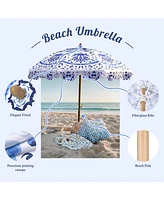 LAGarden Our Beach Portable Umbrella for Sand Beech Wood Pole Carry Bag with Printed Porcelain Love Cute Garden Parasol