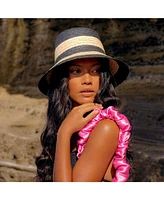 Nona Striped Bucket Palm Straw Hat Black and Natural