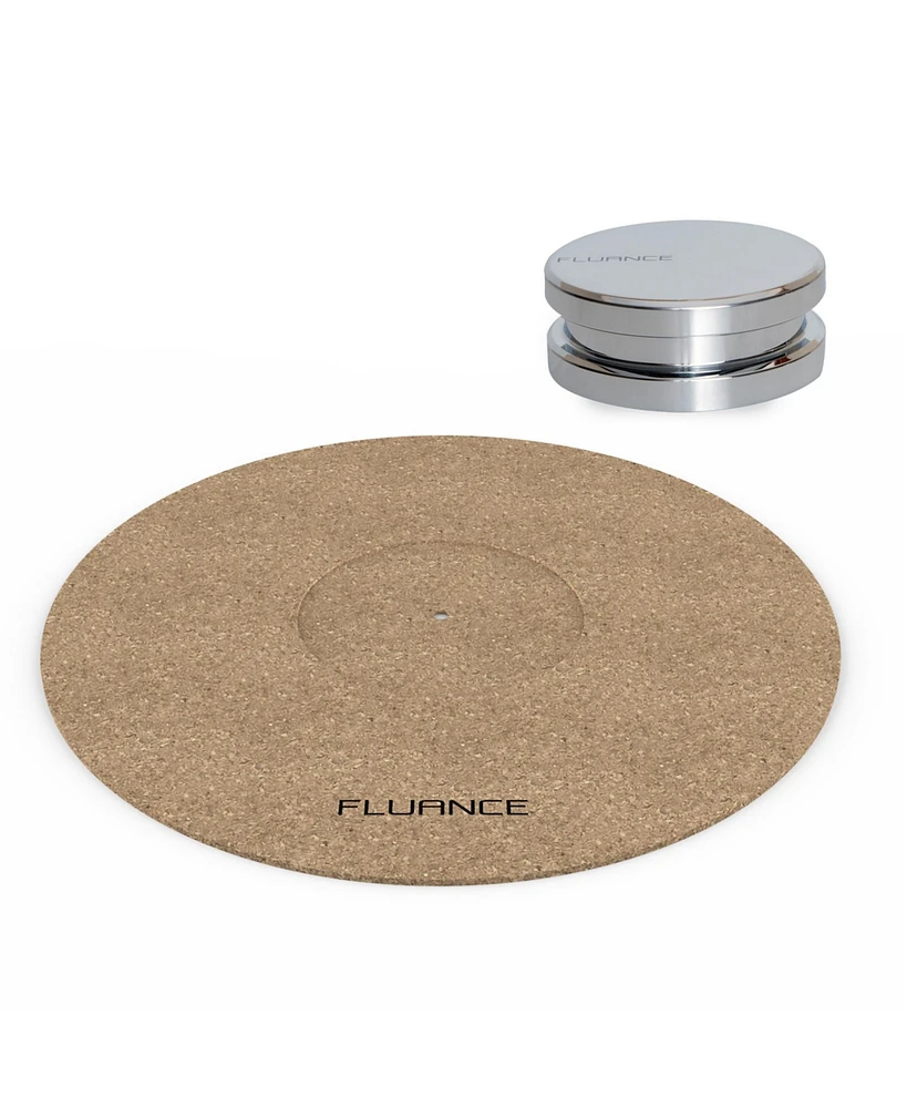 Fluance Cork Platter Mat and HiFi Vinyl Record Weight 760 gram Steel Lp Disc Stabilizer Turntable Accessory with Protective Velvet Pad for Vibration D
