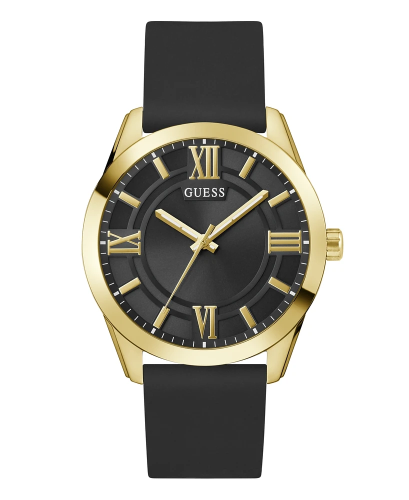Guess Men's Analog Black Gold-Tone Silicone Strap Watch, 44mm
