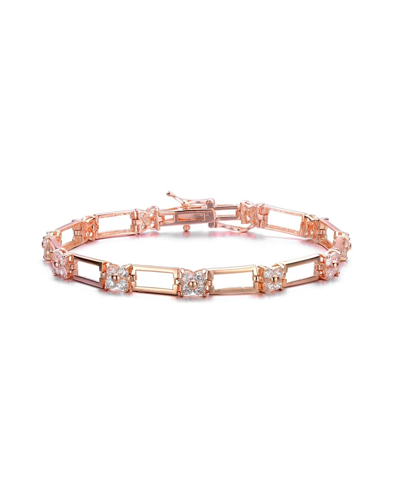 Sterling Silver with White Cubic Zirconia Flower Design Bracelet