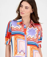 T Tahari Women's Printed Short-Sleeve Button Blouse