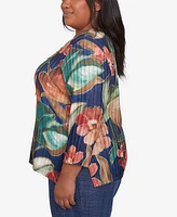 Alfred Dunner Plus Summer Solstice Dramatic Floral Top with Necklace