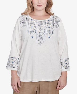 Alfred Dunner Plus Summer Solstice Linear Embroidered Tie Sleeve Top
