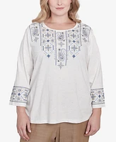 Alfred Dunner Plus Summer Solstice Linear Embroidered Tie Sleeve Top
