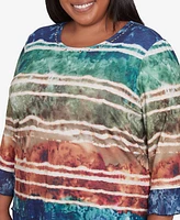 Alfred Dunner Plus Summer Solstice Tie Dye Striped Biadere Crew Neck Top