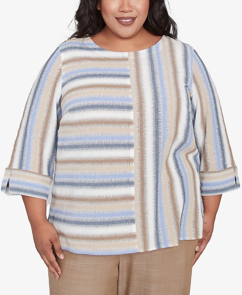 Alfred Dunner Plus Summer Solstice Spliced Stripe Button Shoulder Crew Neck Top