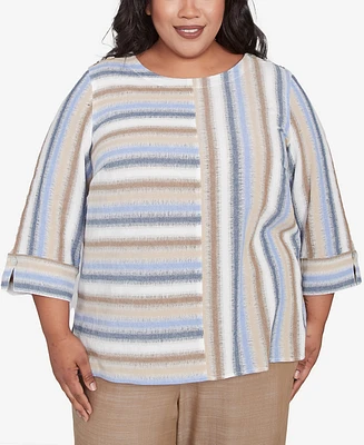 Alfred Dunner Plus Summer Solstice Spliced Stripe Button Shoulder Crew Neck Top